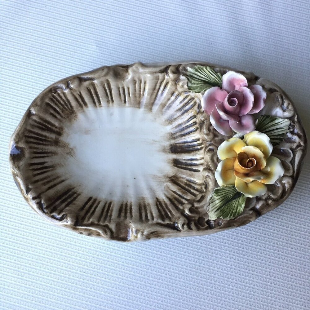 Capodimonte Italy Porcelain Floral Soap Dish Trinket Plate Basket Weave Pattern